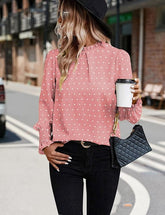 Elegant Mock Neck Ruffle Top Pink Polka Dots Blouse Long Sleeve